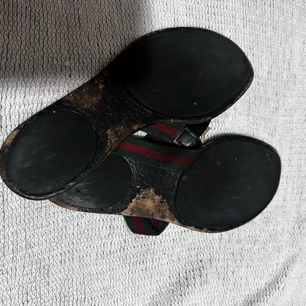 Gucci GG Logo Web Stripe Thong Sandals Black Flat Flip Flop Slide EU 38 US 7